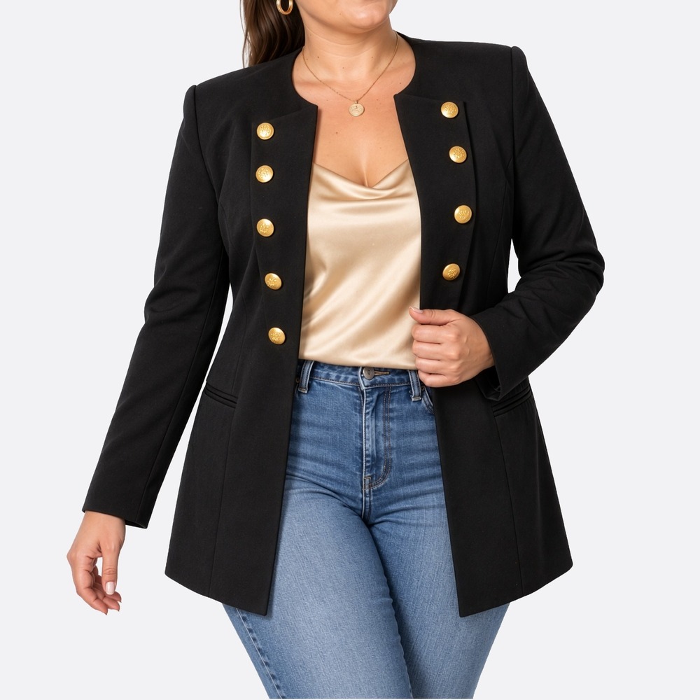 Spenser Jeremy 100% Silk Gold Crest Button Black Military Blazer 14 fits XL/1X
